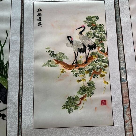 Vintage Chinese Silk Needlepoint Embroidered Tapestry Scroll 4 Panels Art Piece - Picture 5 of 16